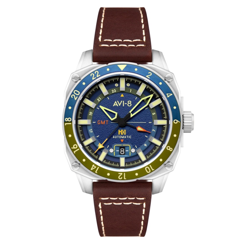 AVI-8 Hawker Hunter Atlas GMT Men’s Blue Brown Automatic Watch AV-4122-02