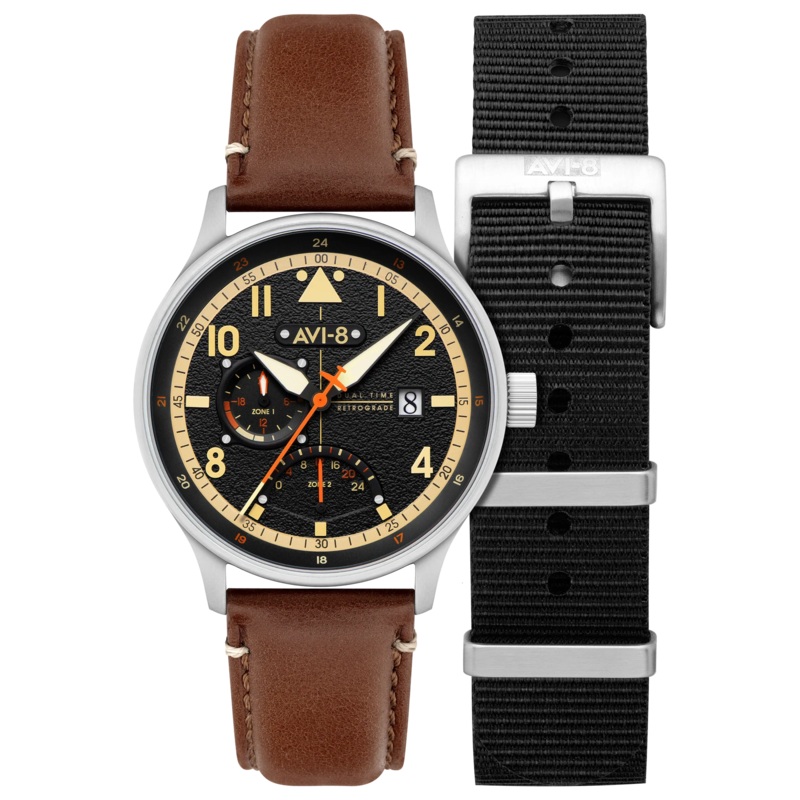 AVI-8 Hawker Hurricane McKellar Men’s Black Brown Dual Time Watch AV-4101-0B