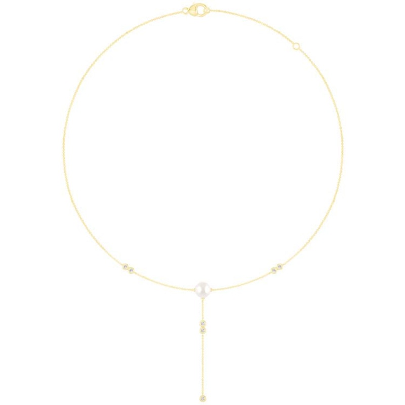 0.15ct Lab Grown Diamond Freshwater Pearl Necklace in 9K Yellow Gold