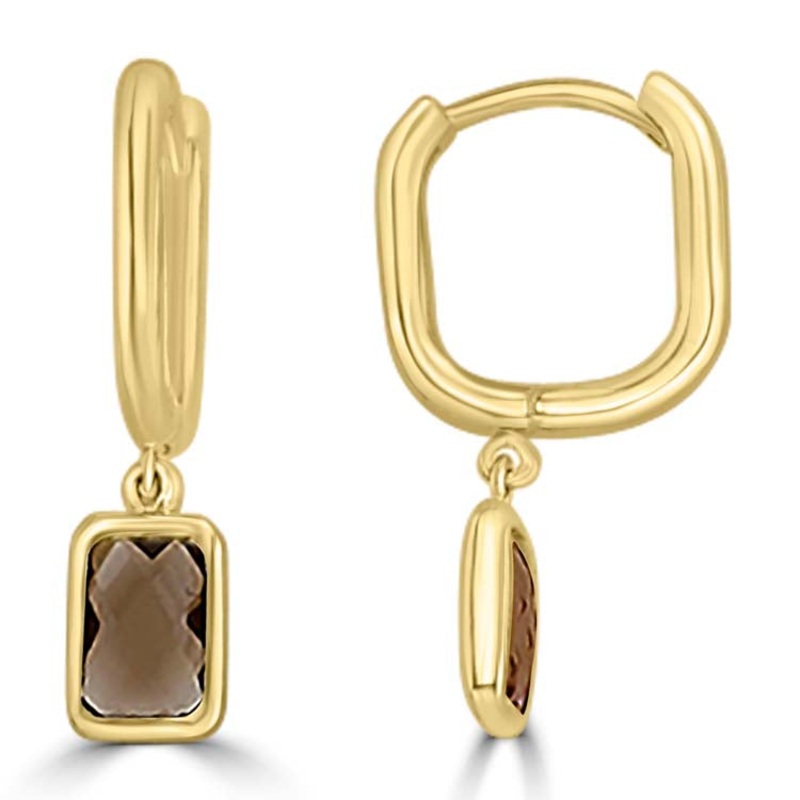9K Yellow Gold Faceted Smokey Qtz Huggie Earrings