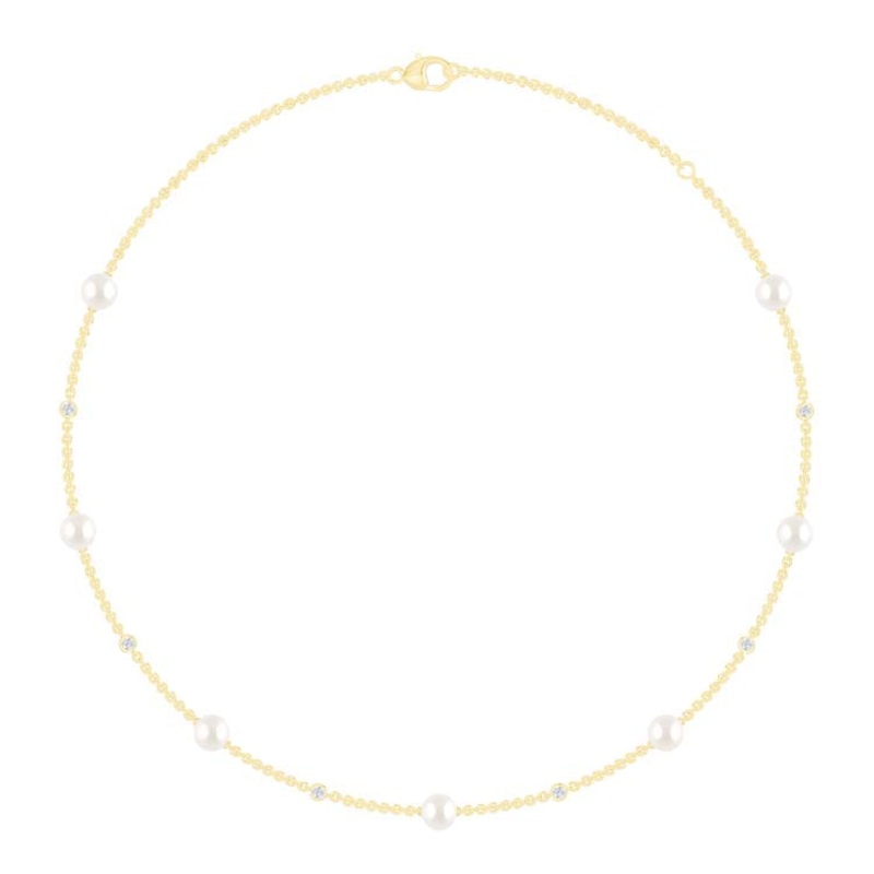 0.21ct Lab Grown Diamond Freshwater Pearl Necklace in 9K Yellow Gold