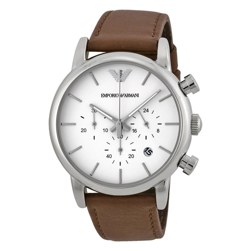 Armani Emporio Men’s White Dial Brown Leather Chronograph Watch SKU456