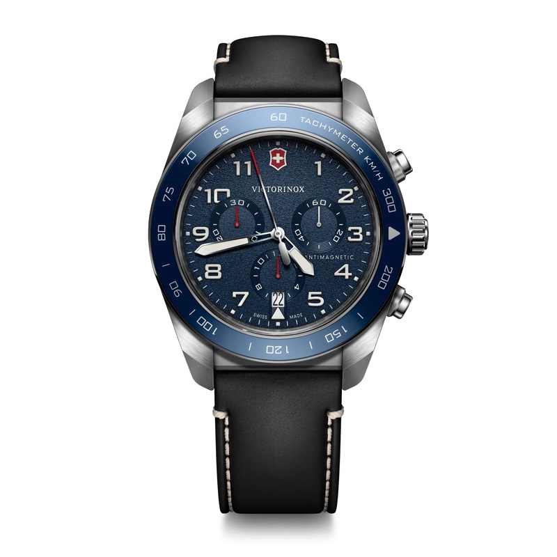 Victorinox Swiss Army Chrono Blue Dial Black Leather Band Mens Watch 242047