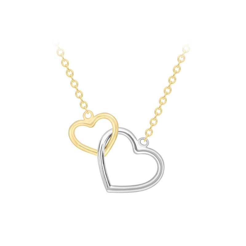 9K Yellow and White Gold Two Tone Linked Hearts Pendant Necklace