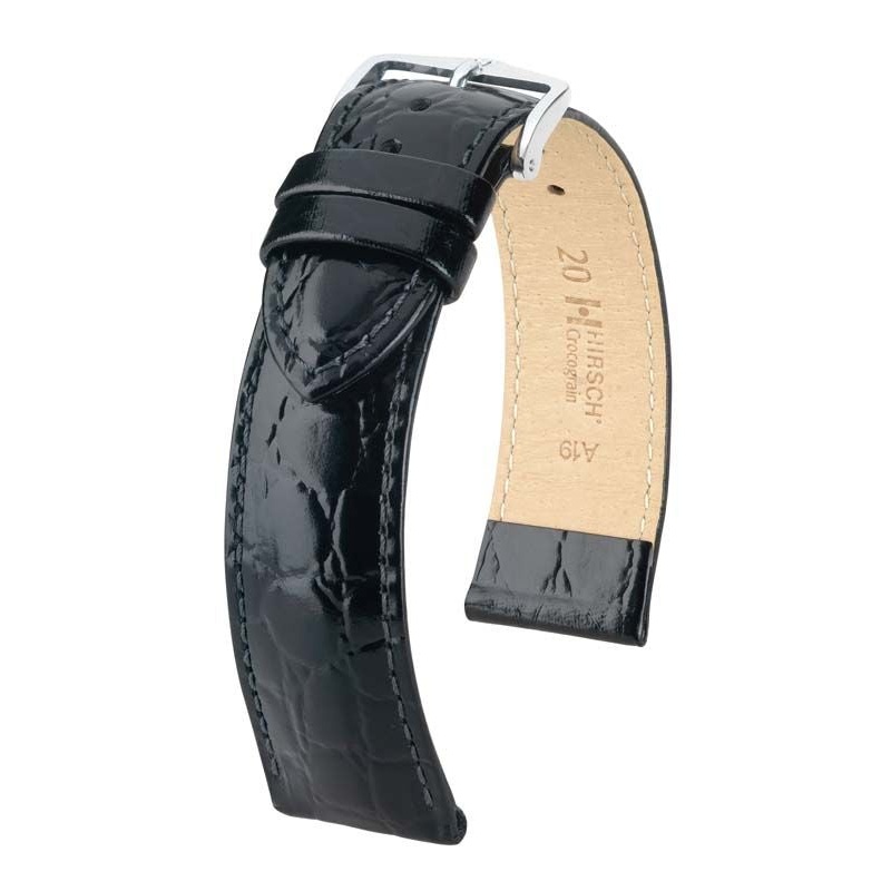 Hirsch Crocograin L High Gloss Black Leather Band