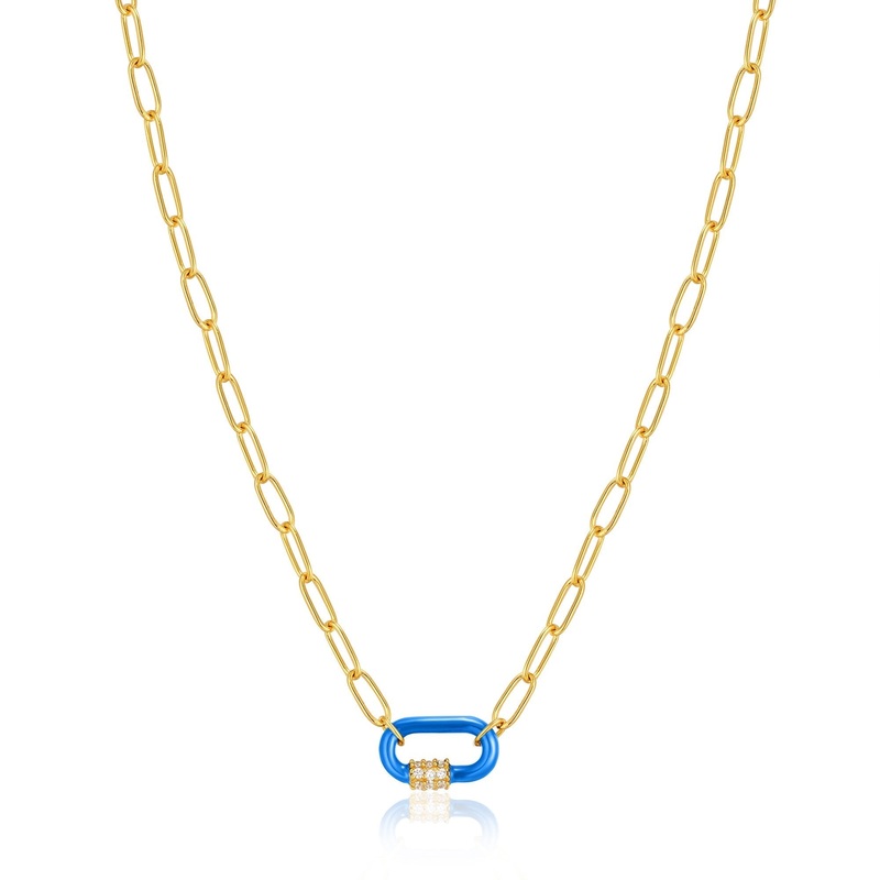 Neon Blue Enamel Carabiner Gold Necklace