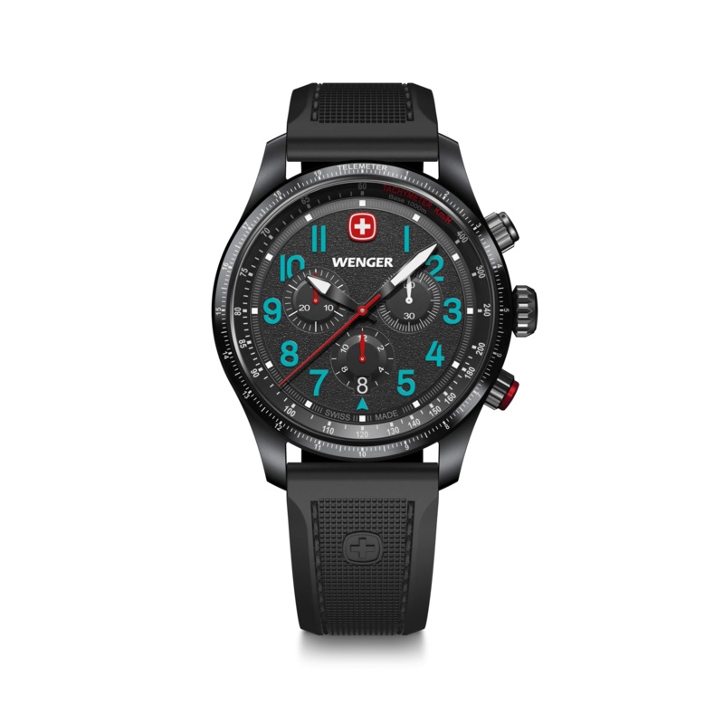 Wenger Terragraph Chrono 43mm Black Dial Silicone Band Blue Markers Watch 01.0543.116
